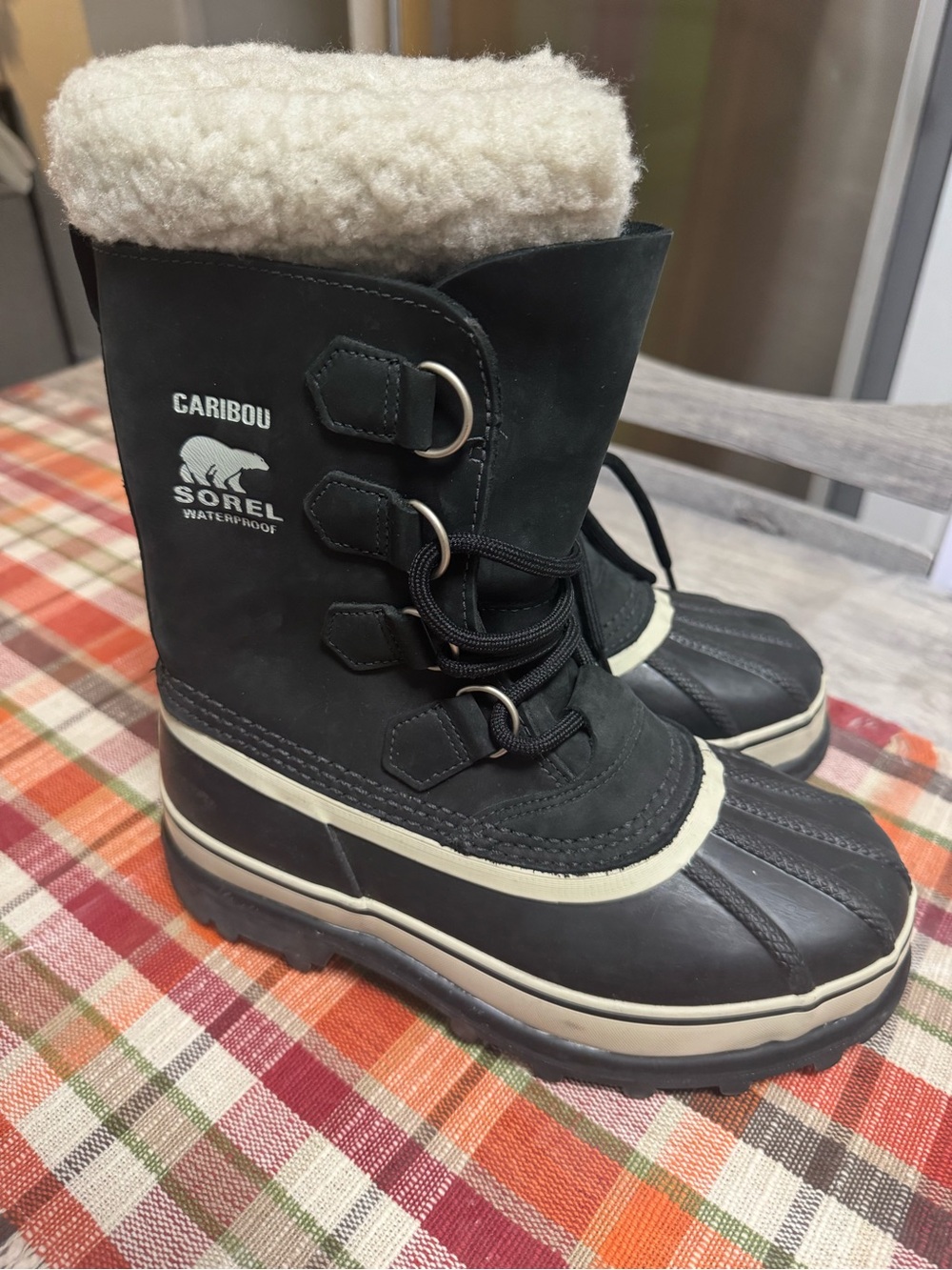 Sorel Black and Cream Caribou Lace-Up Waterproof Boots